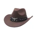 Close-up detail of brown felt cowboy hat with a decorative metallic bull head ornament - Coffee Brown (one Style With Upturned Eaves) / M (56-58cm)
