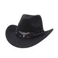 Detailed view of a vintage black suede cowboy hat with a metal bull head decorative band. - Black (1 Style With Upturned Eaves) / M (56-58cm)