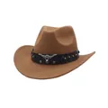 Detailed view of a brown suede western cowboy hat featuring a metallic bull head accent - Brown (1 Style With Upturned Eaves) / M (56-58cm)