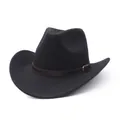 Detail shot of a black suede-like cowboy hat featuring a brown leather belt buckle band. - Black (3 Styles With Upturned Eaves) / M (56-58cm)