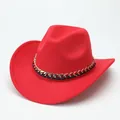 Vibrant red suede Western cowboy hat with elegant gold chain link detailing - Red (4 Styles With Upturned Eaves) / M (56-58cm)