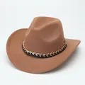 Detail view of a classic camel brown suede fedora hat with elegant gold chain accessory - Brown (4 Styles With Upturned Eaves) / M (56-58cm)