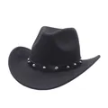 Close-up detail of a black suede cowboy hat featuring a punk style silver studded band - Black (5 Styles With Upturned Eaves) / M (56-58cm)