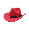 Classic red suede western cowboy hat featuring a black leather band with silver studs - Red (5 Styles With Upturned Eaves) / M (56-58cm)