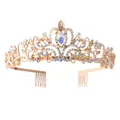 Elegant gold bridal tiara with colorful rhinestones and side combs for wedding party - With Comb / Gold AB Rhinestone