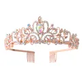 Elegant rose gold bridal tiara crown with sparkling iridescent rhinestones for wedding party - With Comb / Rose Gold AB Zircon