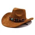 Vintage brown suede cowboy hat with decorative turquoise beaded band - Brown (one Suede Style) / M (56-58cm)
