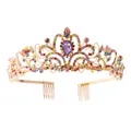 Exquisite golden tiara with colorful rhinestones and purple teardrop crystal for bridal party - With Comb / Mixed Colors