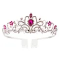 Elegant bridal queen tiara crown headpiece with pink rhinestones and silver hair combs - With Comb / Silver-White and Rose Red