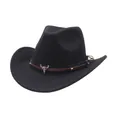 Classic black faux suede western cowboy hat with bull skull leather band - Black (two Styles With Upturned Eaves) / M (56-58cm)