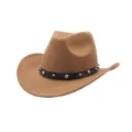 Retro tan faux suede cowboy hat featuring a black studded band for western style - Brown (5 Styles With Upturned Eaves) / M (56-58cm)