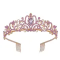 Elegant golden bridal wedding tiara featuring purple crystals and a central teardrop stone - With Comb / Gold-Purple