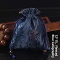 Pochette à bijoux bleue style chinois avec cordon de serrage, calligraphie et velours, 12x15cm - 12x15cm Doublé de Velours / Calligraphie Bleue