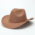 Classic brown faux suede cowboy hat featuring a wide rolled brim for autumn and winter fashion - Brown (plain Panel With Upturned Eaves) / M (56-58cm)