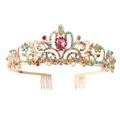 Luxurious gold-tone bridal tiara crown with colorful crystal rhinestones and side combs - With Comb / Multicolor Opal-look