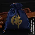 Pochette à bijoux premium 12x15cm bleu doublé polaire avec motif Bouddha doré - 12x15cm Doublé de Velours / Bouddha Bleu