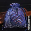 Pochette à bijoux premium 12x15cm en brocart bleu avec motif de vagues de mer - 12x15cm Doublé de Velours / Vagues Bleues De Brocart