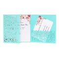 Detail of laser cut turquoise wedding invitation with floral printed card inserts - Turquoise Blue