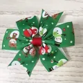 Festive green grosgrain hair bow for girls featuring cute snowman holiday prints - Multi-layer Snowman Print Style(21)