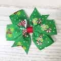 Green Christmas hair bow clip for girls with candy cane and Santa hat prints - Green Santa Hat Cane Style(22)