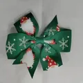 Festive green Christmas ribbon hair bow featuring cute gnome and snowflake prints - Green Christmas Gnome Style(13)