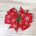 Red Christmas ribbon hair bow for girls featuring white snowflake prints and green center - Red Snowflake Green Center Tie Style(17)