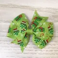 Festive green Christmas hair bow clip with mitten and gift box prints for girls - Green Gift Box Glove Style(16)
