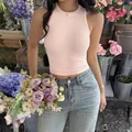 Light pink ribbed crop tank top for women, Y2K style yoga fitness sleeveless shirt - XS / Pink