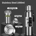 1000ml stainless steel vacuum thermal flask with tea infuser in silver metallic finish - 1000ml / Long Tea Filter + Carrying Rope / Steel Color
