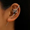 Dark gothic style silver snake wrap ear cuff with black marquise stone piercing jewelry - Snake Wrap Earring Post (N-375) / Silver