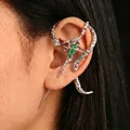 Exaggerated punk style silver snake wrap ear cuff with green gemstone for women. - Snake Stacking (Green Rhinestone/14) / 2 Pcs/Set / Silver