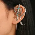 Punk style snake and sword wrap ear cuff in silver finish with emerald green accents - Green Snake Sword Stacking (09) / 2 Pcs/Set / Silver