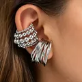 Elegant silver multi-layer beaded and wire-wrap ear cuffs designed for non-pierced ears - Geometric Bead Ear Cuff (12) / White K/Silver