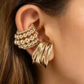 Elegant golden multi-layered beaded and intertwined non-pierced ear cuffs set for women - Geometric Bead Ear Cuff (13) / KC Gold