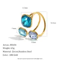 Modern 18K gold plated stainless steel open ring featuring geometric blue zircon stones - Blue Tones (R5654_Gold_2)