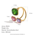 Elegant 18K gold plated stainless steel open ring with three colorful geometric zircons. - Green Pink Purple (R5654_Gold_4)