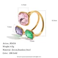 18K gold plated stainless steel open ring with multi-colored geometric zircon crystals - Pink Purple Green (R5654_Gold_5)