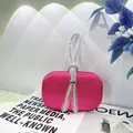 Hot pink satin evening clutch bag with sparkling rhinestone knot handle for parties - 19cm x 6cm x 12cm / Rose Red