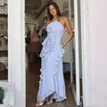 Detailed view of an elegant light purple ruffle pleated maxi dress shown in a boutique - S / Bottoms / Sky Blue