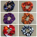 Halloween hair scrunchies with spooky ghost, pumpkin, and spider web fabric patterns - 6-Piece Hair Scrunchie Set