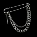 Macro close-up of a silver alloy safety pin brooch with layered cuban and link chains - Silver