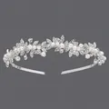Silver bridal headband featuring elegant pearls and sparkling rhinestone floral design - Floral Leaf Bridal Headband (TS-J3419S) / Silver