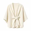 Elegant women's ivory double-faced wool blend cape featuring a stylish waist belt tie - Tops / 144x121cm / Cream