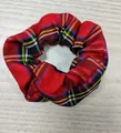Vintage red plaid fabric hair scrunchie featuring classic academy style tartan pattern - Scrunchie / Red Plaid