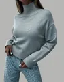 Close-up detail of a soft grey turtleneck knit sweater with drop shoulder design - L / Tops / Light Gray