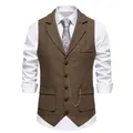 Vintage brown herringbone tweed waistcoat for men with lapel and pocket chain detail. - 3XL / Tops / Brown