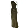 Elegante olijfgroene satijnen maxi-jurk met één schouder en een getailleerd geplooid design - S / Groen