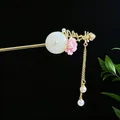 Eleganter chinesischer Gold-Haarstab mit rosa Blume und Perlenquasten-Zubehör - Rosa Blume Sicherheitsverschluss Künstliche Perle Quaste (2716)