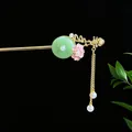 Traditionelle chinesische Gold-Haarnadel mit grüner Jadescheibe, Blume und Perlen - Smaragdgrüner Sicherheitsverschluss Rosa Blume Quaste (2717)