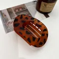 Elegant large tortoise shell flat oval hair claw clip with strong grip for thick hair - Matte Dark Leopard